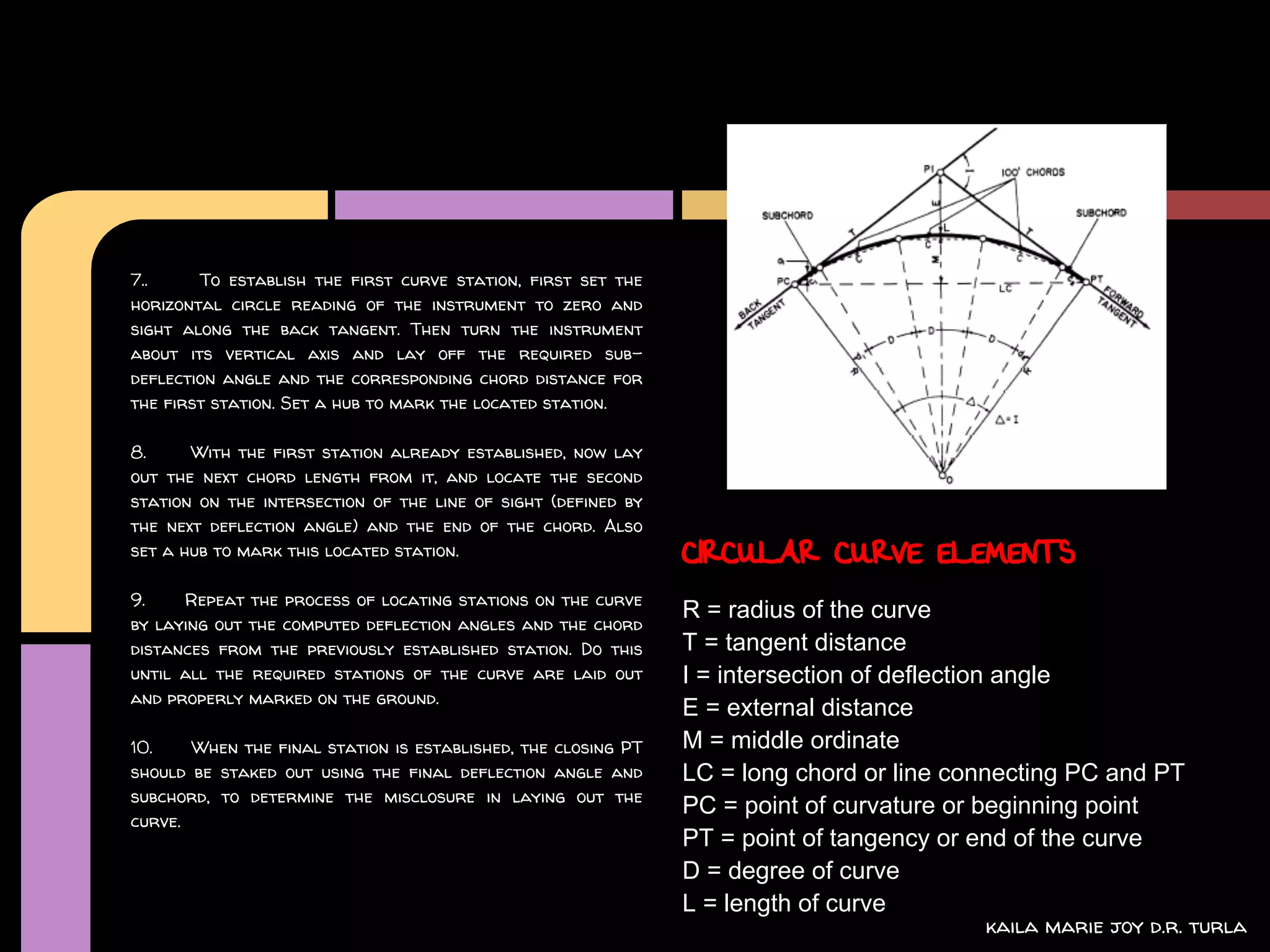 7..     To establish the first curve station, first set the
horizontal circle reading of the instrument to zero and
sight along the back tangent. Then turn the instrument
about its vertical axis and lay off the required sub-
deflection angle and the corresponding chord distance for
the first station. Set a hub to mark the located station.

8.     With the first station already established, now lay
out the next chord length from it, and locate the second
station on the intersection of the line of sight (defined by
the next deflection angle) and the end of the chord. Also
set a hub to mark this located station.                        CIRCULAR CURVE ELEMENTS
9.    Repeat the process of locating stations on the curve
                                                               R = radius of the curve
by laying out the computed deflection angles and the chord
distances from the previously established station. Do this     T = tangent distance
until all the required stations of the curve are laid out      I = intersection of deflection angle
and properly marked on the ground.
                                                               E = external distance
10.    When the final station is established, the closing PT   M = middle ordinate
should be staked out using the final deflection angle and      LC = long chord or line connecting PC and PT
subchord, to determine the misclosure in laying out the
                                                               PC = point of curvature or beginning point
curve.
                                                               PT = point of tangency or end of the curve
                                                               D = degree of curve
                                                               L = length of curve
                                                                                         kaila marie joy d.r. turla
 