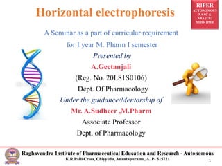 RIPER
AUTONOMOUS
NAAC &
NBA (UG)
SIRO- DSIR
Raghavendra Institute of Pharmaceutical Education and Research - Autonomous
K.R.Palli Cross, Chiyyedu, Anantapuramu, A. P- 515721 1
A Seminar as a part of curricular requirement
for I year M. Pharm I semester
Presented by
A.Geetanjali
(Reg. No. 20L81S0106)
Dept. Of Pharmacology
Under the guidance/Mentorship of
Mr. A.Sudheer ,M.Pharm
Associate Professor
Dept. of Pharmacology
Horizontal electrophoresis
 
