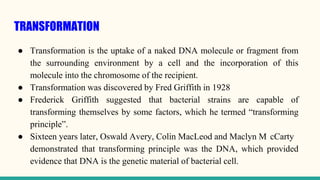 TRANSFORMATION
● Transformation is the uptake of a naked DNA molecule or fragment from
the surrounding environment by a cell and the incorporation of this
molecule into the chromosome of the recipient.
● Transformation was discovered by Fred Griffith in 1928
● Frederick Griffith suggested that bacterial strains are capable of
transforming themselves by some factors, which he termed “transforming
principle”.
● Sixteen years later, Oswald Avery, Colin MacLeod and Maclyn M cCarty
demonstrated that transforming principle was the DNA, which provided
evidence that DNA is the genetic material of bacterial cell.
 