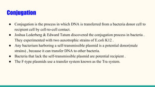 Conjugation
● Conjugation is the process in which DNA is transferred from a bacteria donor cell to
recipient cell by cell-to-cell contact.
● Joshua Lederberg & Edward Tatum discovered the conjugation process in bacteria .
They experimented with two auxotrophic strains of E.coli K12 .
● Any bacterium harboring a self-transmissible plasmid is a potential donor(male
strains) , because it can transfer DNA to other bacteria.
● Bacteria that lack the self-transmissible plasmid are potential recipient .
● The F-type plasmids use a transfer system known as the Tra system.
 