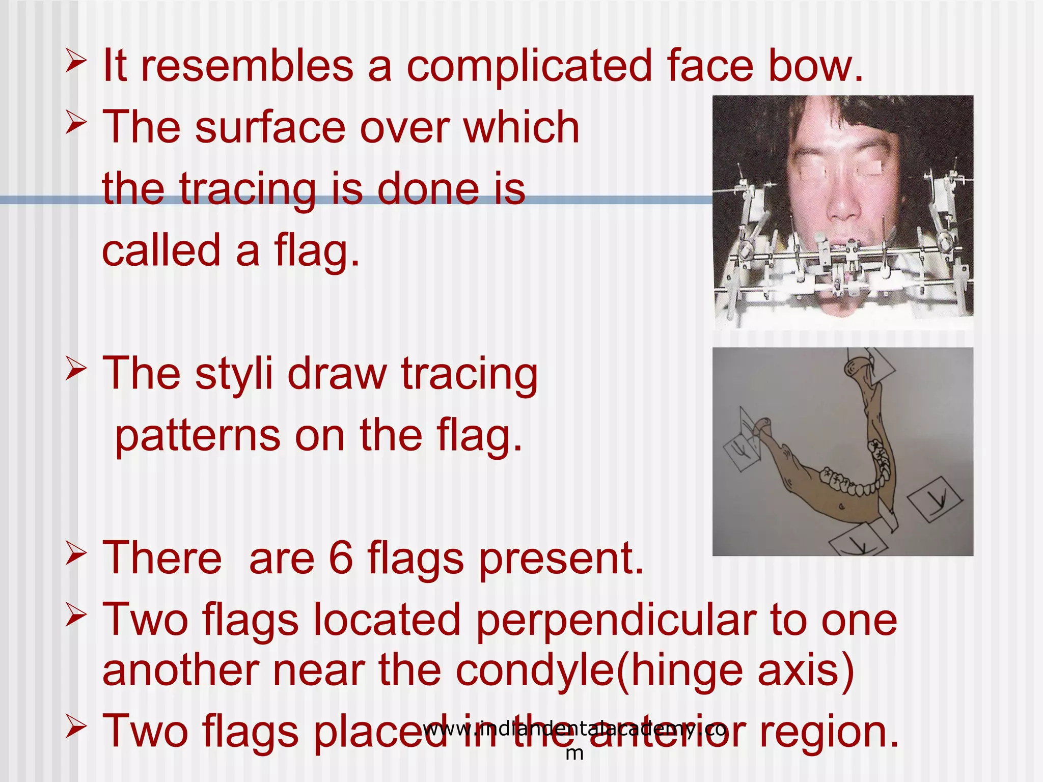 It resembles a complicated face bow.
 The surface over which
the tracing is done is
called a flag.




The styli draw tracing
patterns on the flag.

There are 6 flags present.
 Two flags located perpendicular to one
another near the condyle(hinge axis)
www.indiandentalacademy.co
 Two flags placed in the anterior region.
m


 