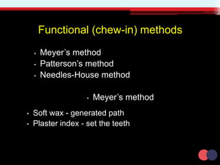Functional (chew-in) methods
• Meyer’s method
• Patterson’s method
• Needles-House method
• Meyer’s method
• Soft wax - generated path
• Plaster index - set the teeth
 