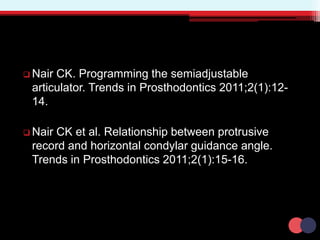  Nair CK. Programming the semiadjustable
articulator. Trends in Prosthodontics 2011;2(1):12-
14.
 Nair CK et al. Relationship between protrusive
record and horizontal condylar guidance angle.
Trends in Prosthodontics 2011;2(1):15-16.
 
