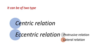 It can be of two type
Centric relation
Eccentric relation Protrusive relation
Lateral relation
 