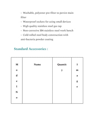 ​ - Washable, polyester pre-filter to persist main
filter
​ - Waterproof sockets for using small devices
​ - High quality stainless steel gas tap
​ - Non-corrosive 304 stainless steel work bench
​ - Cold-rolled steel body construction with
anti-bacteria powder coating
Standard Accessories :
M
o
d
e
l
N
o
Name Quantit
y
I
m
a
g
e
 