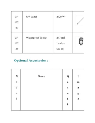 LF
HC
-29
UV Lamp 2 (20 W)
LF
HC
-34
Waterproof Socket 2 (Total
Load: ≤
500 W)
Optional Accessories :
M
o
d
e
l
Name Q
u
a
n
t
i
I
m
a
g
e
 