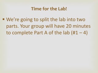 We ’re going to split the lab into two parts. Your group will have 20 minutes to complete Part A of the lab (#1 – 4) Time for the Lab! 