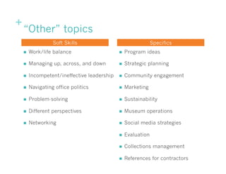+
“Other” topics
n  Work/life balance
n  Managing up, across, and down
n  Incompetent/ineffective leadership
n  Naviga...