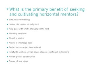 +What is the primary benefit of seeking
and cultivating horizontal mentors?
n  Safe, less intimidating
n  Honest discuss...