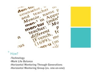 +
How?
-Technology
-Work Life Balance
-Horizontal Mentoring Through Generations
-Horizontal Mentoring Group (vs. one-on-on...