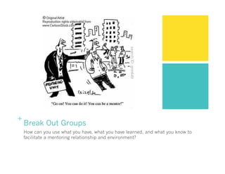 +
Break Out Groups
How can you use what you have, what you have learned, and what you know to
facilitate a mentoring relat...