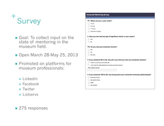 +
Survey
n  Goal: To collect input on the
state of mentoring in the
museum field.
n  Open March 28-May 25, 2013
n  Prom...