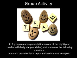 Group Activity
In 3 groups create a presentation on one of the big 3 (your
teacher will designate you a label) which answers the following
questions.
You must provide critical depth and analyse your examples.
 