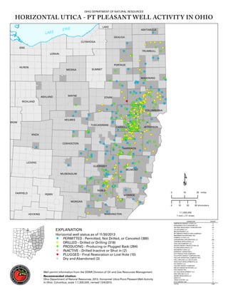 OHIO DEPARTMENT OF NATURAL RESOURCES

HORIZONTAL UTICA - PT PLEASANT WELL ACTIVITY IN OHIO
LAKE

ERI E

LA KE

ASHTABULA
GEAUGA
CUYAHOGA

ERIE
TRUMBULL
LORAIN

PORTAGE
HURON
MEDINA

SUMMIT

MAHONING

ASHLAND

WAYNE

STARK

RICHLAND

COLUMBIANA

HOLMES
RROW
TUSCARAWAS

CARROLL

JEFFERSON

KNOX

COSHOCTON
HARRISON

LICKING
GUERNSEY
BELMONT
MUSKINGUM

NOBLE
FAIRFIELD

PERRY

0

10

20 miles

MONROE
MORGAN
0

WASHINGTON

HOCKING

EXPLANATION
Horizontal well status as of 11/30/2013
PERMITTED - Permitted, Not Drilled, or Canceled (389)
DRILLED - Drilled or Drilling (318)
PRODUCING - Producing or Plugged Back (284)
INACTIVE - Drilled Inactive or Shut in (2)
PLUGGED - Final Restoration or Lost Hole (10)
Dry and Abandoned (3)

Well permit information from the ODNR Division of Oil and Gas Resources Management
Recommended citation:
Ohio Department of Natural Resources, 2013, Horizontal Utica-Point Pleasant Well Activity
in Ohio: Columbus, scale 1:1,300,000, revised 12/6/2013.

10

20

30 kilometers

1:1,300,000
1 inch = 21 miles
OPERATOR
AMERICAN ENERGY UTICA LLC
ANADARKO E & P ONSHORE LLC
ANTERO RESOURCES CORPORATION
ATLAS NOBLE LLC
BEUSA ENERGY LLC
BP AMERICA PRODUCTION COMPANY
BRAMMER ENGINEERING INC
CARRIZO (UTICA) LLC
CHESAPEAKE EXPLORATION LLC
CHEVRON APPALACHIA LLC
CNX GAS COMPANY LLC
DEVON ENERGY PRODUCTION CO
ECLIPSE RESOURCES I LP
EM ENERGY OHIO LLC
ENERVEST OPERATING L
EQT PRODUCTION COMPANY
GULFPORT ENERGY CORPORATION
HALCON OPERATING COMPANY INC
HALL DRILLING LLC (OIL & GAS)
HESS OHIO DEVELOPMENTS LLC
HG ENERGY LLC
HILCORP ENERGY COMPANY
MOUNTAINEER KEYSTONE LLC
PDC ENERGY INC
R E GAS DEVELOPMENT LLC
RICE DRILLING D LLC
SIERRA RESOURCES LLC
SWEPI LP
TRIAD HUNTER LLC
XTO ENERGY INC.
TOTAL

COUNT
5
12
54
8
1
4
2
5
553
7
37
13
19
1
17
8
91
11
5
43
23
15
8
17
26
5
3
1
7
5
1006

 