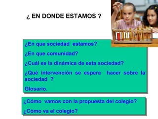 ¿ EN DONDE ESTAMOS ? ¿ En que sociedad  estamos ?  ¿ En que comunidad ?  ¿ Cuál es la dinámica de esta sociedad ?  ¿ Qué intervención se espera  hacer sobre la sociedad  ?  Glosario. ¿ Cómo  vamos con la propuesta del colegio? ¿Còmo va el colegio? 