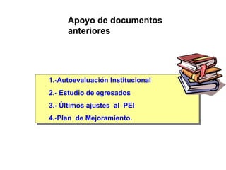 1.-Autoevaluación Institucional 2.- Estudio de egresados 3.- Últimos ajustes  al  PEI 4.-Plan  de Mejoramiento. Apoyo de documentos anteriores 