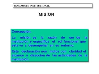 Concepción. La  misión es  la  razón  de  ser de  la institución y especifica  el  rol funcional que  esta va  a  desempeñar  en  su  entorno.  Esta  declaración nos  indica con  claridad el  alcance  y  dirección de  las actividades  de  la institución. MISION HORIZONTE INSTITUCIONAL 