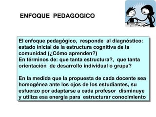 El enfoque pedagógico,  responde  al diagnóstico: estado inicial de la estructura cognitiva de la comunidad (¿Cómo aprenden?) En términos de: que tanta estructura?,  que tanta orientación  de desarrollo individual o grupa? En la medida que la propuesta de cada docente sea homogénea ante los ojos de los estudiantes, su  esfuerzo por adaptarse a cada profesor  disminuye y utiliza esa energía para  estructurar conocimiento . ENFOQUE  PEDAGOGICO 