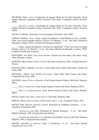 10




HOUBLON, Marie. Cores. Coordenação de imagem Maria do Céu Pires Passuello. (Trad.
Equipe Editorial Companhia Editora Nacional.) São Paulo: Companhia Editora Nacional,
2005a.
______. Dos pés à cabeça. Coordenação de imagem Maria do Céu Pires Passuello. (Trad.
Equipe Editorial Companhia Editora Nacional.) São Paulo: Companhia Editora Nacional,
2005b.
IACOCCA, Michele. Bambolina: (livro de imagem). São Paulo: Ática, 2006.
LIPMAN, Matthew. Issao e Guga: manual do professor “maravilhando-se com o mundo”.
(Trad. Ana Luiza Fernandes Falcone e Sylvia J. H. Mandel.) - 2. ed. - São Paulo: Difusão de
Educação e Cultura, 1997a. (Coleção Filosofia para Crianças)
______. Pimpa: manual do professor “em busca do significado”. (Trad. Ana Luiza Fernandes
Falcone e Sylvia J. H. Mandel.) - 2. ed. - São Paulo: Difusão de Educação e Cultura, 1997b.
(Coleção Filosofia para Crianças)
MACHADO, Ana Maria. Esta força estranha: trajetória de uma autora. São Paulo: Atual,
1996. (Passando a limpo)
MARTINS, Maria Helena. O que é leitura. São Paulo: Brasiliense, 2003. (Coleção Primeiros
Passos).
MAGALLANES, Alejandro. Isto não é. (Trad. Heitor Ferraz Mello.) São Paulo: Comboio de
Corda, 2008.
MANGUEL, Alberto. Uma História da Leitura. (Trad. Pedro Maia Soares.) São Paulo:
Companhia das Letras, 2002.
MAYHEW, James. Érica e a Monalisa. (Trad. Renata Siqueira Tufano.) São Paulo: Moderna,
2001a.
______. Érica e os girassóis. (Trad. Renata Siqueira Tufano.) São Paulo: Moderna, 2001b.
______. Érica e os impressionistas. (Trad. Renata Siqueira Tufano.) São Paulo: Moderna,
2001c.
POUGY, Eliana. Para olhar e olhar de novo. São Paulo: Moderna, 2005.
PROUST, Marcel. Sobre a leitura. (Trad. Carlos Vogt.) - 2. ed. - Campinas: Pontes, 1991.
ROCHA, Ruth. Marcelo, marmelo, martelo. Ilustrações de Adalberto Cornacava. - 3. ed. -
Guarulhos: Salamandra, 2007.
______. Nicolau teve uma idéia. Ilustrações de Mariana Massarini. - 3. ed. - São Paulo:
Quinteto Editorial, 1998. (Coleção Hora dos Sonhos)
______. O menino que aprendeu a ver. Ilustrações de Elisabeth Teixeira. São Paulo: Quinteto
Editorial, 1998. (Coleção Hora dos Sonhos)
SARTRE, Jean-Paul. As palavras. (Trad. J. Guinsburg.) - 4. ed. - São Paulo: Difusão
Européias do Livro, 1970.
 