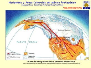 Rutas de inmigración de los primeros americanos
http://3.bp.blogspot.com/-cki7guwoi3w/UG54iz1bNlI/AAAAAAACKDM/E38qL5G98dM/s1600/beringamigration.jpg
Elaboró: Humberto Domínguez Chávez
CCH Azcapotzalco UNAM, Junio 2019
Horizontes y Áreas Culturales del México Prehispánico
(Arqueolítico; Cenolítico;Protoneolítico;Neolítico)
 