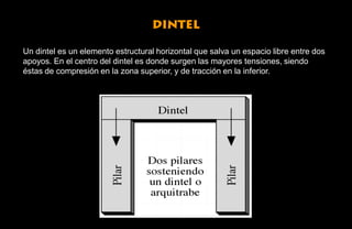 Un dintel es un elemento estructural horizontal que salva un espacio libre entre dos
apoyos. En el centro del dintel es donde surgen las mayores tensiones, siendo
éstas de compresión en la zona superior, y de tracción en la inferior.
 