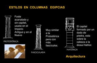 ESTILOS EN COLUMNAS EGIPCIAS

        Fuste
        acanalado y
        sin capitel,
        usada en el                                      El capitel
        Imperio                     Muy similar          formado por un
        Antiguo y en el             a la                 dado de
        Nuevo                       Protodórica          piedra, esta
                                    pero con             sobre la
PROTODÓRICA                                              cabeza e la
                                    más
                                    fascículos.          diosa Hathor.
                                                  HATÓRICA
                      FASCICULADA

                                                  Arquitectura
 