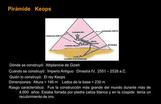 Pirámide Keops




• Dónde se construyó: Altiplanicie de Gizeh
• Cuándo se construyó: Imperio Antiguo Dinastía IV, 2551 – 2528 a.C.
• Quién lo construyó: El rey Keops
• Dimensiones: Altura = 146 m Lados de la base = 230 m
• Rasgo característico: Fue la construcción más grande del mundo durante más de
       4,000 años. Estaba forrada por piedra caliza blanca y en la cúspide tenía un
       recubrimiento de oro.
 