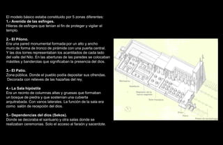 El modelo básico estaba constituido por 5 zonas diferentes:
1.- Avenida de las esfinges.
Hileras de esfinges que tenían el fin de proteger y vigilar el
templo.

2.- El Pilono.
Era una pared monumental formada por un alto y ancho
muro de forma de tronco de pirámide con una puerta central.
Y las dos torres representaban los acantilados de cada lado
del valle del Nilo. En las aberturas de las paredes se colocaban
mástiles y banderolas que significaban la presencia del dios.

3.- El Patio.
Zona pública. Donde el pueblo podía depositar sus ofrendas.
Decorada con relieves de las hazañas del rey.

4.- La Sala hipóstila
Era un recinto de columnas altas y gruesas que formaban
un bosque de piedra y que sostenían una cubierta
arquitrabada. Con vanos laterales. La función de la sala era
como salón de recepción del dios.

5.- Dependencias del dios (Sekos).
Donde se decoraba el santuario y otra salas donde se
realizaban ceremonias. Solo el acceso al faraón y sacerdote.
 