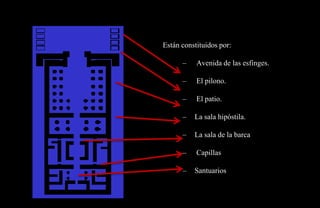 Están constituidos por:

      –    Avenida de las esfinges.

      –    El pilono.

      –    El patio.

      –   La sala hipóstila.

      –   La sala de la barca

      –    Capillas

      –   Santuarios
 
