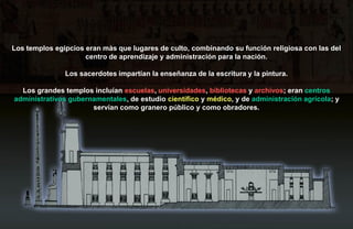 Los templos egipcios eran màs que lugares de culto, combinando su función religiosa con las del
                     centro de aprendizaje y administración para la nación.

               Los sacerdotes impartían la enseñanza de la escritura y la pintura.

  Los grandes templos incluían escuelas, universidades, bibliotecas y archivos; eran centros
administrativos gubernamentales, de estudio científico y médico, y de administración agrícola; y
                      servían como granero público y como obradores.
 