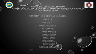 UNIVERSIDAD CENTRAL DEL ECUADOR
CARRERA DE PEDAGOGÍA DE LAS CIENCIAS EXPERIMENTALES QUIMICA Y BIOLOGÍA
CIENCIAS DE LA TIERRA
HORIZONTES Y PERFILES DE SUELO
GRUPO 1
CURSO: 1 “C”
FECHA: 16/09/2020
INTEGRANTES:
• KARLA ANDRADE
• DANIEL CABRERA
• MIRIAM CAIZA
• LUIS CARDENAS
• IBETH CANDO
• SANTIAGO CHIPANTAXI
 