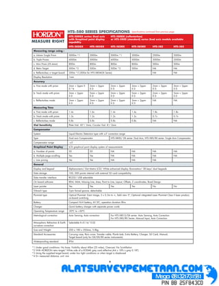 Speciﬁcations continued from previous page

                                  HTS-580GX series: Dual axis                 HTS-580DX (reﬂectorless)
                                  with Graphical point display                or HTS-580D (standard) series Dual axis models available
                                  capability
                                  HTS-582GX           HTS-585GX               HTS-582RX             HTS-585RX            HTS-582              HTS-585
Measuring range using :
a. 64mm Single Prism              5000m *1            3000m                   5000m *1              3000m                2500m                2000m
b. Triple Prisms                  6000m               5000m                   6000m                 5000m                3000m                2500m
c. Mini Prism (25.4mm)            800m                800m                    800m                  800m                 500m                 500m
d. Retro Target                   500m *2             500m                    500m *2               500m                 NA                   NA
e. Reﬂectorless w target board    200m *3 (300m for HTS-580AGX Series)                                                   NA                   NA
Display Resolution                1mm
Accuracy
a. Fine mode with prism           2mm + 2ppm X        3mm + 2ppm              2mm + 2ppm            3mm + 2ppm           2mm + 2ppm           3mm + 2ppm
                                  D *4                XD                      XD                    XD                   XD                   XD
b. Track mode with prism          3mm + 2ppm          5mm + 2ppm              3mm + 2ppm            5mm + 2ppm           2mm + 2ppm           5mm + 2ppm
                                  XD                  XD                      XD                    XD                   XD                   XD
c. Reﬂectorless mode              2mm + 2ppm          3mm + 2ppm              2mm + 2ppm            3mm + 2ppm           NA                   NA
                                  XD                  XD                      XD                    XD
Measuring Time
a. Fine mode with prism           1.4s                1.6s                    1.4s                  1.6s                 1.8s                 1.8s
b. Track mode with prism          1.2s                1.2s                    1.2s                  1.2s                 0.7s                 0.7s
c. Reﬂectorless mode              0.8s                0.8s                    0.8s                  0.8s                 NA                   NA
Vial Sensitivity                  Plate Vial: 30”/ 2mm, Circular Vial: 8’/ 2mm
Compensator
System                            Liquid Electric Detection type with ±3’ correction range
Type                              Dual axis Compensator                       HTS-580D/ DX series: Dual Axis, HTS-580/RX series: Single Axis Compensator
Compensator range                  ±3’
Graphical Point Display           LCD graphical point display system of measurements
a. Number of points               50                  50                      NA                    NA                   NA                   NA
b. Multiple page scrolling        Yes                 Yes                     NA                    NA                   NA                   NA
c. Line joining                   Yes                 Yes                     NA                    NA                   NA
General
Display and keypad                Alphanumeric/ Dot Matrix LCD/ White enhanced display illumination/ 28 keys/ dual keypads
Data storage                      100, 000 points internal with external SD card compatibility
Data transfer interface           RS232/ USB selectable
On board software                 REM, MLM, Missing Line, Area, Point to Line, Layout, Offsets, Z coordinates, Road Design
Laser pointer                     Yes                 Yes                     Yes                   Yes                  No                   No
Tribrach type                     3-pin forced groove, detachable
Plummet type                      Optical Plummet: Erect image, 3 x 0.3m to          , ﬁeld view 5º, Optional integrated Laser Plummet Class II laser product,
                                  on-board switching
Battery                           Compact Ni-H battery, 6V DC, operation duration 8hrs
Charger                           Quick battery charger with separate power cords
Operating Temperature range       -20ºC to +50ºC
Metrological correction           Auto Sensing, Auto correction               For HTS-580 D/DX series: Auto Sensing, Auto Correction
                                                                              For HTS-580/RX Series: Manual Input, Auto Correction
Atmospheric Refraction & Earth    Selectable K=0.14/ 0.02
curvature correction
Size and Weight                   200 x 180 x 350mm, 5.8kg
Standard Accessories              Carrying case, Rain cover, Transfer cable, Plumb bob, Extra Battery, Charger, SD Card, Manual,
                                  Target board (only for GX/DX/RX series instruments)
Waterprooﬁng standard             IP54

*1   Under good conditions: No haze, Visibility about 40km (25 miles), Overcast, No Scintillation
*2   With HORIZON retro target/ White side of a KODAK grey card reﬂective (A4 x 18% x gray 0.18º)
*3   Using the supplied target board, under low light conditions or when target is shadowed
*4   D= measured distance, unit: mm

                                                                          4
 