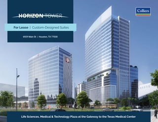 For Lease | Custom-Designed Suites
6929 Main St | Houston, TX 77030
Life Sciences, Medical & Technology Plaza at the Gateway to the Texas Medical Center
 