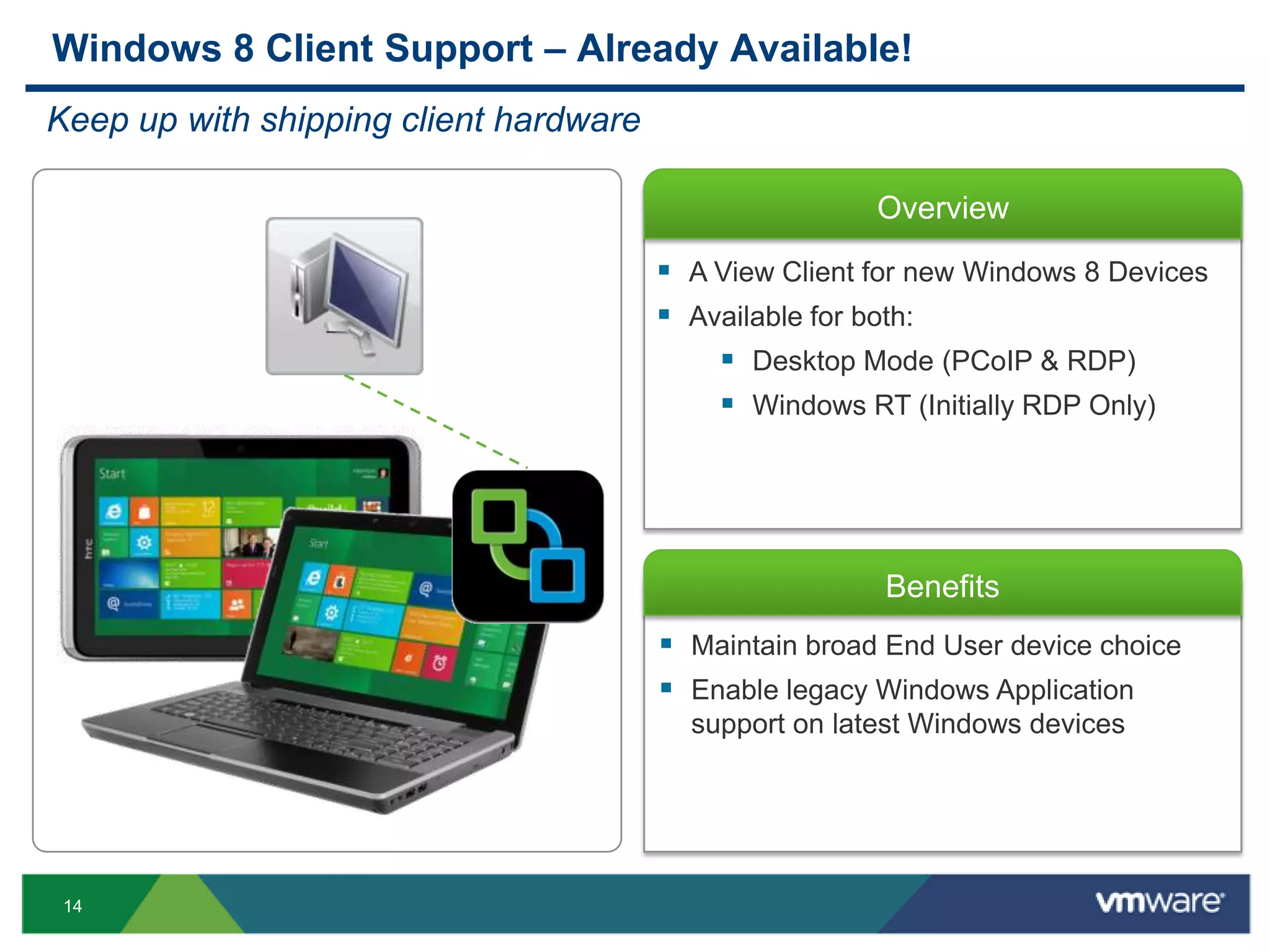 14
Overview
Benefits
 Maintain broad End User device choice
 Enable legacy Windows Application
support on latest Windows devices
Windows 8 Client Support – Already Available!
Keep up with shipping client hardware
 A View Client for new Windows 8 Devices
 Available for both:
 Desktop Mode (PCoIP & RDP)
 Windows RT (Initially RDP Only)
 