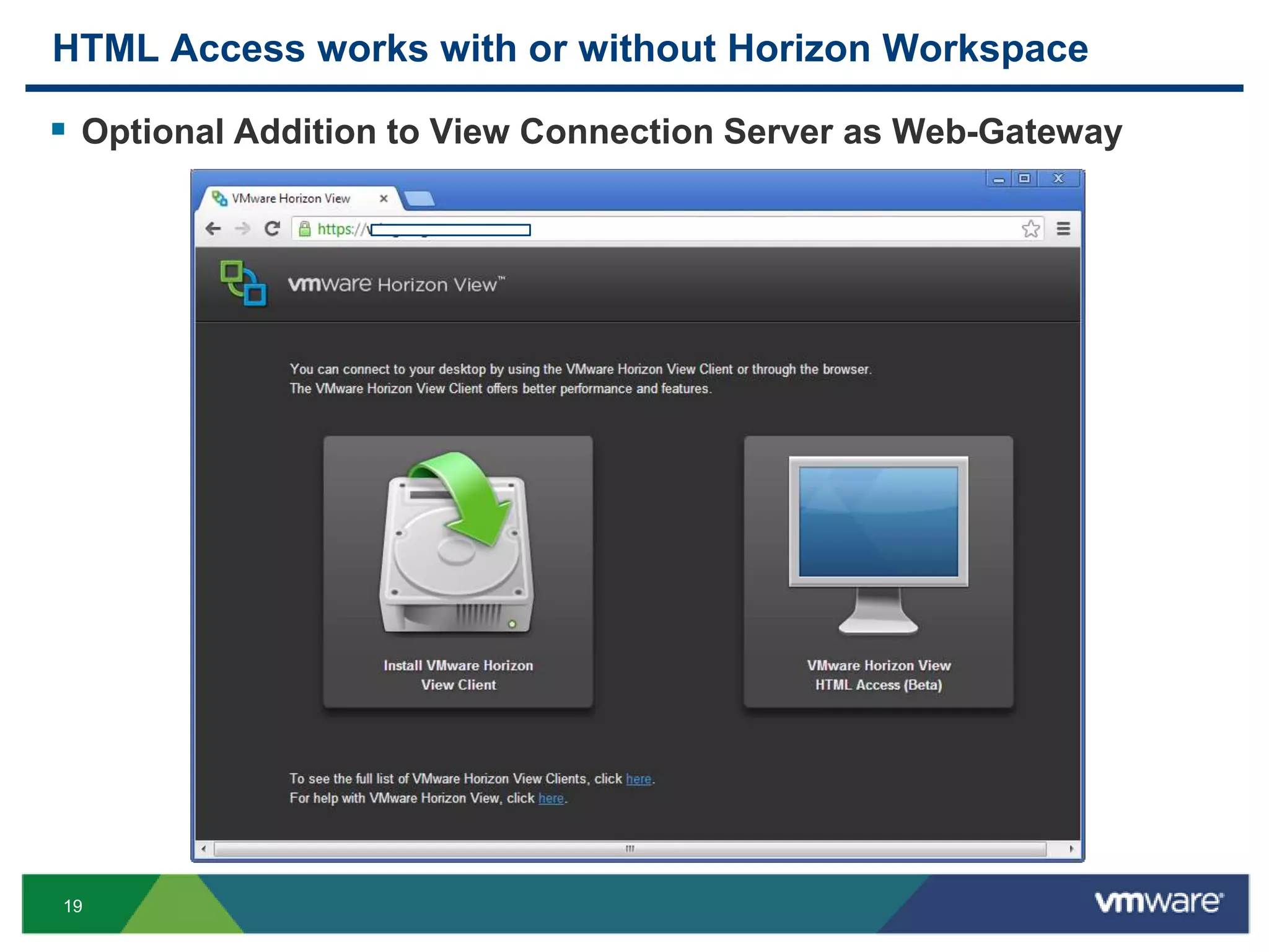 19
HTML Access works with or without Horizon Workspace
 Optional Addition to View Connection Server as Web-Gateway
 