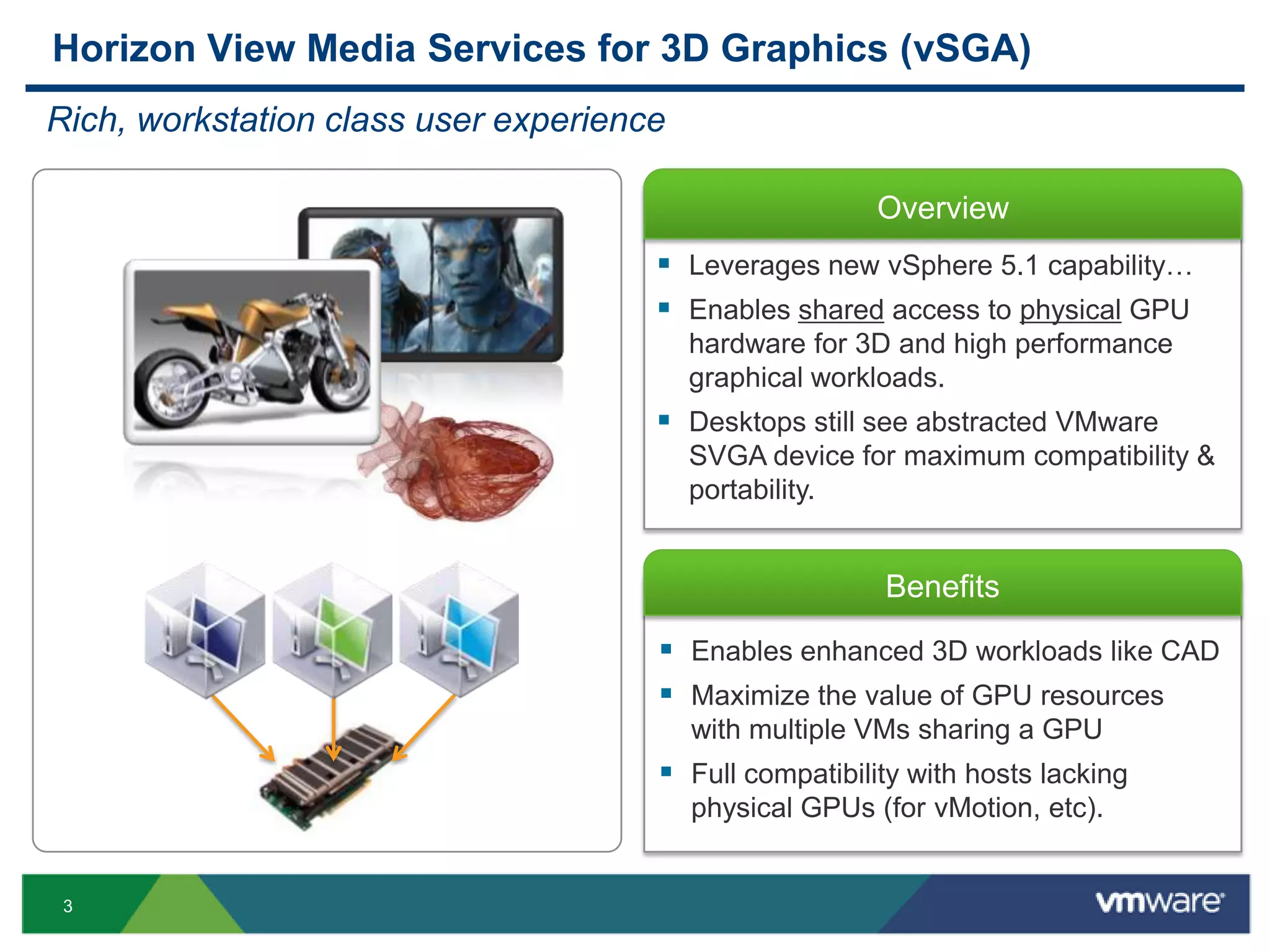 3
Overview
Benefits
 Enables enhanced 3D workloads like CAD
 Maximize the value of GPU resources
with multiple VMs sharing a GPU
 Full compatibility with hosts lacking
physical GPUs (for vMotion, etc).
Horizon View Media Services for 3D Graphics (vSGA)
Rich, workstation class user experience
 Leverages new vSphere 5.1 capability…
 Enables shared access to physical GPU
hardware for 3D and high performance
graphical workloads.
 Desktops still see abstracted VMware
SVGA device for maximum compatibility &
portability.
 