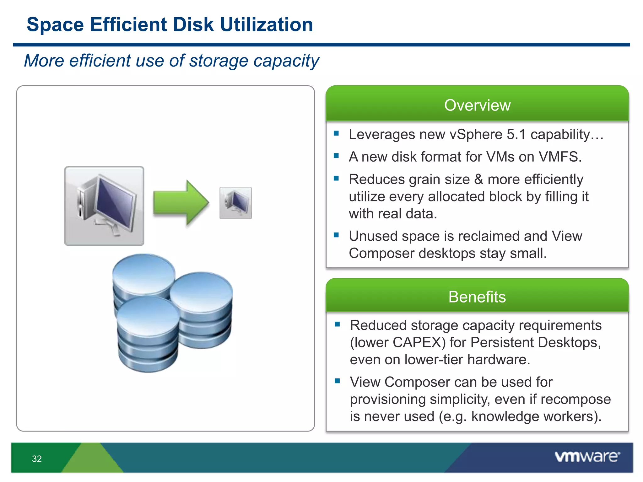 32
Overview
Benefits
 Reduced storage capacity requirements
(lower CAPEX) for Persistent Desktops,
even on lower-tier hardware.
 View Composer can be used for
provisioning simplicity, even if recompose
is never used (e.g. knowledge workers).
Space Efficient Disk Utilization
More efficient use of storage capacity
 Leverages new vSphere 5.1 capability…
 A new disk format for VMs on VMFS.
 Reduces grain size & more efficiently
utilize every allocated block by filling it
with real data.
 Unused space is reclaimed and View
Composer desktops stay small.
 