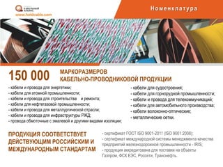 МАРКОРАЗМЕРОВ
КАБЕЛЬНО-ПРОВОДНИКОВОЙ ПРОДУКЦИИ150 000
Номенклатура
- кабели и провода для энергетики;
- кабели для атомной промышленности;
- кабели и провода для строительства и ремонта;
- кабели для нефтегазовой промышленности;
- кабели и провода для металлургической отрасли;
- кабели и провода для инфраструктуры РЖД;
- провода обмоточные с эмалевой и другими видами изоляции;
- кабели для судостроения;
- кабели для горнорудной промышленности;
- кабели и провода для телекоммуникаций;
- кабели для автомобильного производства;
- кабели волоконно-оптические;
- металлические сетки.
- сертификат ГОСТ ISO 9001-2011 (ISO 9001:2008);
- сертификат международной системы менеджмента качества
предприятий железнодорожной промышленности - IRIS;
- продукция аккредитована для поставки на объекты
Газпром, ФСК ЕЭС, Россети, Транснефть.
ПРОДУКЦИЯ СООТВЕТСТВУЕТ
ДЕЙСТВУЮЩИМ РОССИЙСКИМ И
МЕЖДУНАРОДНЫМ СТАНДАРТАМ
 