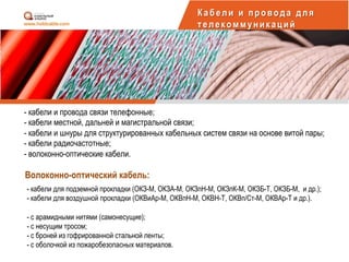 - кабели и провода связи телефонные;
- кабели местной, дальней и магистральной связи;
- кабели и шнуры для структурированных кабельных систем связи на основе витой пары;
- кабели радиочастотные;
- волоконно-оптические кабели.
Волоконно-оптический кабель:
Каб ели и п ровода д ля
телекоммуникаций
- кабели для подземной прокладки (ОКЗ-М, ОКЗА-М, ОКЗпН-М, ОКЗпК-М, ОКЗБ-Т, ОКЗБ-М, и др.);
- кабели для воздушной прокладки (ОКВиАр-М, ОКВпН-М, ОКВН-Т, ОКВп/Ст-М, ОКВАр-Т и др.).
- с арамидными нитями (самонесущие);
- с несущим тросом;
- с броней из гофрированной стальной ленты;
- с оболочкой из пожаробезопасных материалов.
 