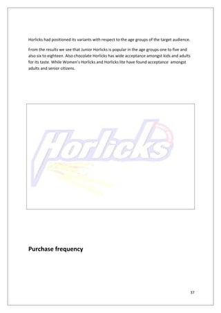 Horlicks had positioned its variants with respect to the age groups of the target audience.

From the results we see that Junior Horlicks is popular in the age groups one to five and
also six to eighteen. Also chocolate Horlicks has wide acceptance amongst kids and adults
for its taste. While Women’s Horlicks and Horlicks lite have found acceptance amongst
adults and senior citizens.




Purchase frequency




                                                                                              37
 