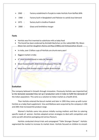  1960      :       Factory established in Punjab to make Horlicks from Buffalo Milk

       1968 :         Factory built in Bangladesh and Pakistan to satisfy local demand

    1975 :            factory built in Andhra Pradesh

    2000 :            Glaxo and Smithkline merger



Facts

   •    Horlicks was first invented to substitute milk as baby food
   •    The brand has been endorsed by Amitabh Bachchan on the radio(1960-70), Moon
        Moon Sen and her daughters Raima and Riya (1980s) and Vishwanathan Anand

   •    In India, over 2 billion cups of Horlicks are drunk every year!

   •    Biggest market is India

   •    6th most trusted brand in India (AC Nelson)

   •    Most trusted health drink brand (Economic Times 04)

   •    More than 50% market share in health drink market




Evolution
The company believed in Growth through innovation. Previously Horlicks was imported but
as the demands exceeded they set up 2 production units in India to fulfill the demands of
the Indian population. This came as a solution to Indian market as a health drink.

       Then Horlicks entered the biscuit market and later in 1995 they came up with Junior
Horlicks as a baby food supplement. Viva and Maltova were acquired by the company in 200
and 2001 that increased the product range.

        Women’s Horlicks came into picture initially nursing mothers and then to catering
specific needs of women. Horlicks adopted certain strategies to deal with competitors and
came up with attractive packaging and various flavours.

      Horlicks conducted clinical trials and campaigned “Taller Stronger Sharper”. Horlicks
segmented the market to increase its market share. Horlicks focused on children to encash


                                                                                          6
 