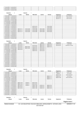 7.55.00 PM 8.40.00 PM
8.45.00 PM 9.30.00 PM
9.35.00 PM 10.20.00 PM
Lunes Miercoles Jueves ViernesMartesBloque ProfesoresAsignatura
Semestre: 4 Sección: 1
7.00.00 AM MARIO RODRIGUEZ4145 K-2097.45.00 AM
7.50.00 AM MARIA ESTEVES4615 K-2138.35.00 AM
8.40.00 AM MARIA ESTEVES4615 K-1119.25.00 AM
9.35.00 AM 10.20.00 AM
10.25.00 AM 11.10.00 AM
11.15.00 AM 12.00.00 PM
12.10.00 PM 12.55.00 PM
1.10.00 PM 1.55.00 PM
4615 K-213 4145 K-2092.00.00 PM 2.45.00 PM
4615 K-213 4145 K-2092.50.00 PM 3.35.00 PM
4145 K-209 4516 K-209 4073 K-209 4516 K-2093.40.00 PM 4615 K-1114.25.00 PM
4145 K-209 4516 K-209 4073 K-209 4516 K-2094.30.00 PM 4615 K-1115.15.00 PM
4145 K-209 4516 K-209 4073 K-209 4516 K-2095.20.00 PM 4615 K-1116.05.00 PM
6.15.00 PM 7.00.00 PM
7.05.00 PM 7.50.00 PM
7.55.00 PM 8.40.00 PM
8.45.00 PM 9.30.00 PM
9.35.00 PM 10.20.00 PM
Lunes Miercoles Jueves ViernesMartesBloque ProfesoresAsignatura
Semestre: 5 Sección: 1
5625 K-210 5526 K-2137.00.00 AM LILIANA PEREZ5415 K-2105415 K-2107.45.00 AM
5415 K-210 5625 K-210 5526 K-2137.50.00 AM FERNANDO VILLAFANE5315 K-2105415 K-2108.35.00 AM
5625 K-202 5415 K-210 5625 K-210 5526 K-2138.40.00 AM 5415 K-2109.25.00 AM
5625 K-202 5526 K-210 5315 K-2109.35.00 AM 5315 K-21010.20.00 AM
5526 K-210 5315 K-21010.25.00 AM 5315 K-21011.10.00 AM
5526 K-210 5315 K-21011.15.00 AM 12.00.00 PM
12.10.00 PM 12.55.00 PM
1.10.00 PM 1.55.00 PM
2.00.00 PM 2.45.00 PM
2.50.00 PM 3.35.00 PM
3.40.00 PM 4.25.00 PM
4.30.00 PM 5.15.00 PM
5.20.00 PM 6.05.00 PM
6.15.00 PM 7.00.00 PM
7.05.00 PM 7.50.00 PM
7.55.00 PM 8.40.00 PM
8.45.00 PM 9.30.00 PM
9.35.00 PM 10.20.00 PM
Lunes Miercoles Jueves ViernesMartesBloque ProfesoresAsignatura
Semestre: 6 Sección: 1
7.00.00 AM JURANCY EREU6093 K-1117.45.00 AM
7.50.00 AM DILCIA PEREZ6156 F-58.35.00 AM
8.40.00 AM MARIO RODRIGUEZ6255 K-1049.25.00 AM
6093 K-1119.35.00 AM DILCIA PEREZ6156 K-21110.20.00 AM
6093 K-11110.25.00 AM MARIO RODRIGUEZ6255 K-10911.10.00 AM
6093 K-11111.15.00 AM 12.00.00 PM
12.10.00 PM 12.55.00 PM
1.10.00 PM 1.55.00 PM
6156 F-5 6815 K-2102.00.00 PM 6255 K-1042.45.00 PM
6156 F-5 6815 K-2102.50.00 PM 6255 K-1043.35.00 PM
6156 F-5 6255 K-109 6156 K-211 6083 K-2103.40.00 PM 6815 K-2104.25.00 PM
6255 K-109 6156 K-211 6083 K-2104.30.00 PM 6815 K-2105.15.00 PM
6255 K-109 6156 K-211 6083 K-2105.20.00 PM 6815 K-2106.05.00 PM
6.15.00 PM 7.00.00 PM
7.05.00 PM 7.50.00 PM
7.55.00 PM 8.40.00 PM
8.45.00 PM 9.30.00 PM
9.35.00 PM 10.20.00 PM
Lunes Miercoles Jueves ViernesMartesBloque ProfesoresAsignatura
Semestre: 7 Sección: 1
25/04/2013 11.15
Pagina 3 de 5
Sistema Cumlaude AV. LAS INDUSTRIAS. NUCLEO OBELISCO. BARQUISIMETO - ESTADO LARA.
02512591581
 