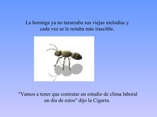 La hormiga ya no tarareaba sus viejas melodías y
         cada vez se le notaba más irascible.




"Vamos a tener que contratar un estudio de clima laboral
           un día de estos" dijo la Cigarra.
 