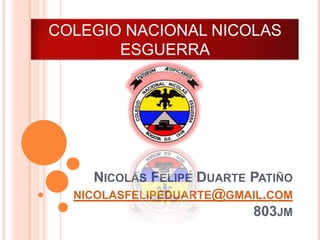 NICOLÁS FELIPE DUARTE PATIÑO
NICOLASFELIPEDUARTE@GMAIL.COM
803JM
COLEGIO NACIONAL NICOLAS
ESGUERRA
 
