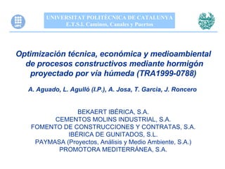 UNIVERSITAT POLITÈCNICA DE CATALUNYA E.T.S.I. Caminos, Canales y Puertos Optimización técnica, económica y medioambiental de procesos constructivos mediante hormigón proyectado por vía húmeda (TRA1999-0788) A. Aguado, L. Agulló (I.P.), A. Josa, T. Garcia, J. Roncero   BEKAERT IBÉRICA, S.A. CEMENTOS MOLINS INDUSTRIAL, S.A. FOMENTO DE CONSTRUCCIONES Y CONTRATAS, S.A. IBÉRICA DE GUNITADOS, S.L. PAYMASA (Proyectos, Análisis y Medio Ambiente, S.A.) PROMOTORA MEDITERRÁNEA, S.A. 