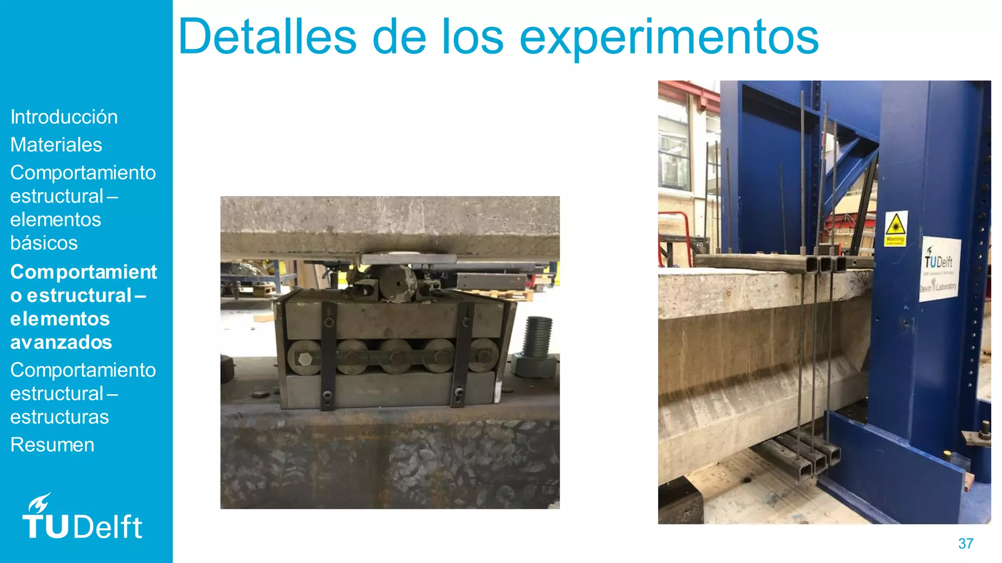 37
Detalles de los experimentos
Introducción
Materiales
Comportamiento
estructural –
elementos
básicos
Comportamient
o estructural –
elementos
avanzados
Comportamiento
estructural –
estructuras
Resumen
 