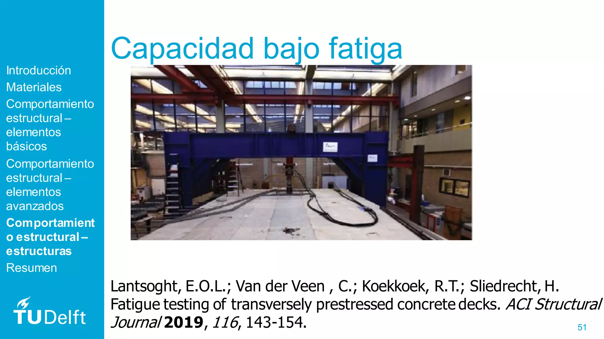 51
Capacidad bajo fatiga
Lantsoght, E.O.L.; Van der Veen , C.; Koekkoek, R.T.; Sliedrecht, H.
Fatigue testing of transversely prestressed concrete decks. ACI Structural
Journal 2019, 116, 143-154.
Introducción
Materiales
Comportamiento
estructural –
elementos
básicos
Comportamiento
estructural –
elementos
avanzados
Comportamient
o estructural –
estructuras
Resumen
 
