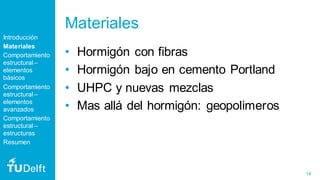 14
Materiales
• Hormigón con fibras
• Hormigón bajo en cemento Portland
• UHPC y nuevas mezclas
• Mas allá del hormigón: g...
