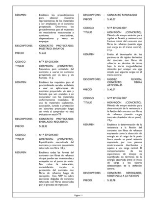 RESUMEN

:

Establece los procedimientos
para
obtener
muestras
representativas de los materiales
a ser empleados en el concreto
proyectado.
Determina
los
procedimientos para el muestreo
de mezcladoras estacionarias y
camiones
mezcladores,
dispensadores y venta en
empaque

DESCRIPTORES

:
:

CODIGO

:
:

RESUMEN

:

:

NTP 339.205:2007

TITULO

:

HORMIGÓN
(CONCRETO).
Método de ensayo estándar para
rigidez en flexión y resistencia en
fractura inicial del concreto con
fibras de refuerzo (usando vigas
con carga en el tramo central).
21 p.

RESUMEN

:

Evalúa el desempeño de los
parámetros de rigidez derivados
del concreto con fibras de
refuerzo en término de áreas
bajo la curva carga-deflexión
obtenido por ensayar una viga
simple que soporta cargas en el
tramo central.

DESCRIPTORES

:

RIGIDEZ;
CONCRETO;
ARTIFICIALES

PRECIO

:

S/.45,07

CODIGO

:

NTP 339.206:2007

TITULO

:

HORMIGÓN
(CONCRETO).
Método de ensayo estándar para
determinación de la resistencia a
la flexión del concreto con fibras
de refuerzo (usando cargas
centrales alrededor de un panel).
19 p.

RESUMEN

:

Establece la determinación de la
resistencia a la flexión del
concreto con fibras de refuerzo
expresada como la absorción de
energía en el rango de la postfisura usando un panel redondo
soportado por tres pivotes
simétricamente distribuidos y
sujetos a una carga central. El
comportamiento
de
los
especímenes de ensayo es
cuantificado en términos de la
energía absorbida entre el inicio
de
carga
y
los
valores
seleccionados de la deflexión
central.

DESCRIPTORES

:

CONCRETO
REFORZADO;
RESISTENCIA A LA FLEXION

PRECIO

Establece los requisitos para el
precombinado, secado, embalado
a usar en aplicaciones de
concreto proyectado vía seca y
húmeda que son enviados a un
comprador con los materiales
uniformemente mezclados. El
uso de materiales supletorios,
colocación, curado o protección
del concreto proyectado luego
del envío al comprador no está
indicado en esta NTP

S/.45,07

CODIGO

HORMIGÓN
(CONCRETO).
Requisitos para embalado del
concreto a usarse en concreto
proyectado por vía seca y vía
húmeda 11 p.

:

:

S/.33,78

NTP 339.203:2006

TITULO

CONCRETO REFORZADO

PRECIO

S/.5,65

:

CONCRETO PROYECTADO;
MUESTREO; ENSAYOS

PRECIO

DESCRIPTORES

DESCRIPTORES

:

CONCRETO PROYECTADO;
EMBALADO; REQUISITOS

PRECIO

:

S/.22,52

CODIGO

:

NTP 339.204:2007

TITULO

:

HORMIGÓN
(CONCRETO).
Especificación normalizada del
concreto y concreto proyectado
reforzado con fibra 24 p.

RESUMEN

:

Establece todas las formas del
concreto con fibras de refuerzo
de que pueden ser muestreadas y
ensayadas en el punto de envío.
No
cubre
la
colocación,
consolidación,
curado
o
protección del concreto con
fibras de refuerzo luego de
recepción. Esta NTP no cubre
secciones delgadas de concreto
reforzado con fibras construidas
por el proceso de inyección.

Página 11

FLEXION;
FIBRAS

 