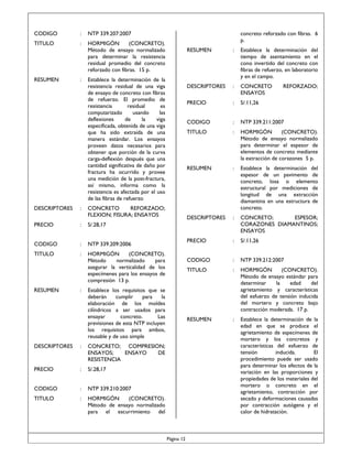 CODIGO

:

NTP 339.207:2007

TITULO

:

HORMIGÓN
(CONCRETO).
Método de ensayo normalizado
para determinar la resistencia
residual promedio del concreto
reforzado con fibras. 15 p.

RESUMEN

:

concreto reforzado con fibras. 6
p.
RESUMEN

DESCRIPTORES

:

PRECIO

:
:

TITULO

:

S/.11,26

:

NTP 339.211:2007

TITULO

:

HORMIGÓN
(CONCRETO).
Método de ensayo normalizado
para determinar el espesor de
elementos de concreto mediante
la extracción de corazones 5 p.

RESUMEN

:

Establece la determinación del
espesor de un pavimento de
concreto, losa o elemento
estructural por mediciones de
longitud de una extracción
diamantina en una estructura de
concreto.

DESCRIPTORES

:

CONCRETO;
ESPESOR;
CORAZONES DIAMANTINOS;
ENSAYOS

PRECIO

:

S/.11,26

CODIGO

:

NTP 339.212:2007

TITULO

:

HORMIGÓN
(CONCRETO).
Método de ensayo estándar para
determinar
la
edad
del
agrietamiento y características
del esfuerzo de tensión inducida
del mortero y concreto bajo
contracción moderada. 17 p.

RESUMEN

HORMIGÓN
(CONCRETO).
Método
normalizado
para
asegurar la verticalidad de los
especímenes para los ensayos de
compresión 13 p.

:

CODIGO

NTP 339.209:2006

CONCRETO
ENSAYOS

:

Establece la determinación de la
edad en que se produce el
agrietamiento de especímenes de
mortero y los concretos y
características del esfuerzo de
tensión
inducida.
El
procedimiento puede ser usado
para determinar los efectos de la
variación en las proporciones y
propiedades de los materiales del
mortero o concreto en el
agrietamiento, contracción por
secado y deformaciones causadas
por contracción autógena y el
calor de hidratación.

S/.28,17

CODIGO

:

PRECIO

CONCRETO
REFORZADO;
FLEXION; FISURA; ENSAYOS

Establece la determinación del
tiempo de asentamiento en el
cono invertido del concreto con
fibras de refuerzo, en laboratorio
y en el campo.

DESCRIPTORES

Establece la determinación de la
resistencia residual de una viga
de ensayo de concreto con fibras
de refuerzo. El promedio de
resistencia
residual
es
computarizado
usando
las
deflexiones
de
la
viga
especificada, obtenida de una viga
que ha sido extraída de una
manera estándar. Los ensayos
proveen datos necesarios para
obtener que porción de la curva
carga-deflexión después que una
cantidad significativa de daño por
fractura ha ocurrido y provee
una medición de la post-fractura,
así mismo, informa como la
resistencia es afectada por el uso
de las fibras de refuerzo

:

RESUMEN

:

Establece los requisitos que se
deberán
cumplir
para
la
elaboración de los moldes
cilíndricos a ser usados para
ensayar
concreto.
Las
previsiones de esta NTP incluyen
los requisitos para ambos,
reusable y de uso simple

DESCRIPTORES

:

CONCRETO; COMPRESION;
ENSAYOS;
ENSAYO
DE
RESISTENCIA

PRECIO

:

S/.28,17

CODIGO

:

NTP 339.210:2007

TITULO

:

HORMIGÓN
(CONCRETO).
Método de ensayo normalizado
para el escurrimiento del

Página 12

REFORZADO;

 